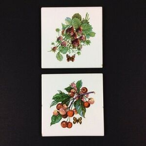Decorative 2 Ceramic Tiles Trivets Berries Butterflies Imola Coop Ceramica Italy